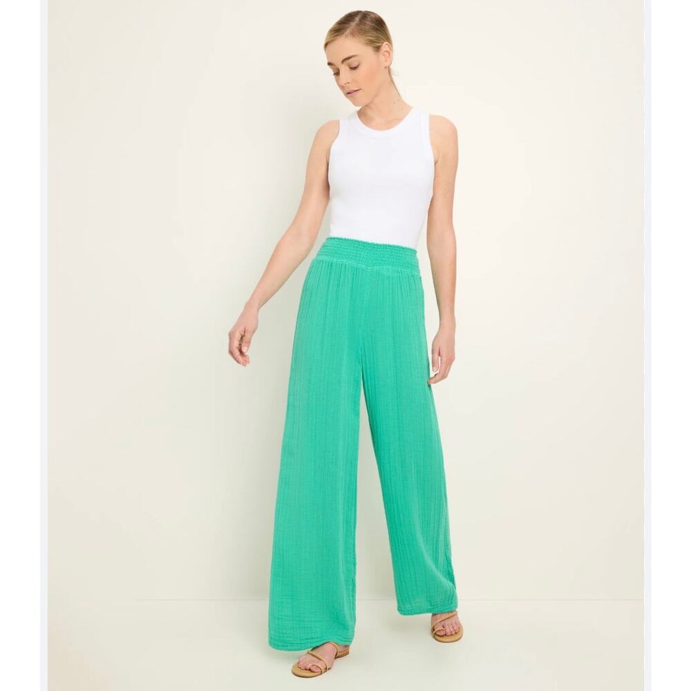 Bobi Los Angeles Green Wide Leg Pants Smocked Waist Flowy Size Small NWOT